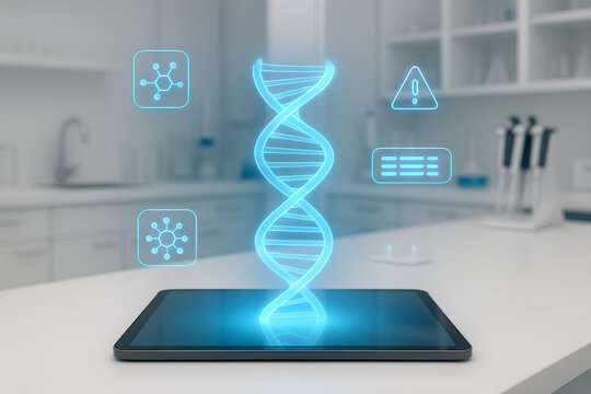 Futuristic medical technology displaying dna analysis and scientific data on tablet in laboratory setting