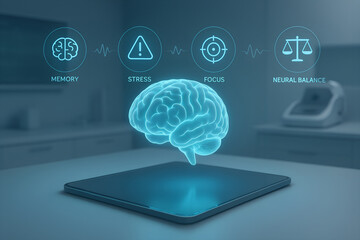 Digital brain interface depicting memory stress focus and neural balance modern science of the mind with futuristic technology conceptual illustration