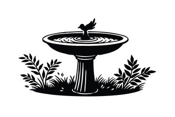 Bird Bath in Garden Silhouette