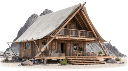 Rustic wooden cabin retreat mountain landscape 3d render tranquil environment wide angle cut out png