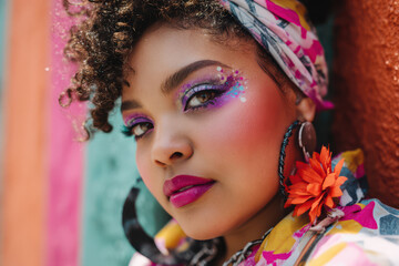 Close up portrait of a plus size Black fashion model in vibrant makeup