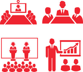 Business Conference and Presentation Icons – Meeting People and Corporate Communication Symbol Set