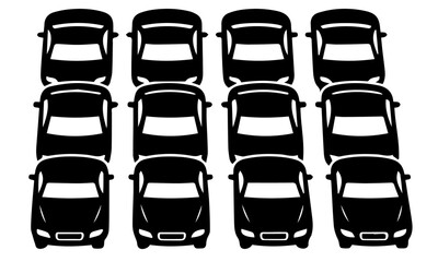 Overhead View of Twelve Parked Cars, A grid of twelve identical black car silhouettes, viewed from directly above, representing a parking lot or a dense collection of vehicles. © ade