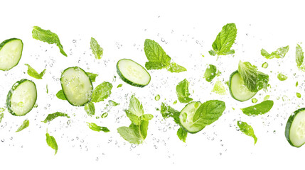 Slices of fresh cucumber flying with tiny water droplets and mint leaves isolated on transparent background 
