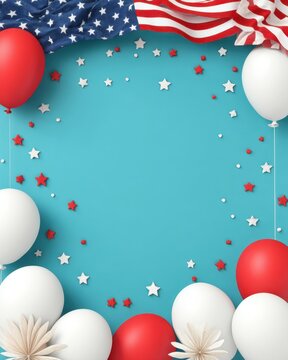 Happy 4th of July Celebration Background. Festive Background for 4th of July Celebration with Red and White Balloons and Stars on Blue Surface