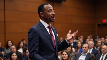 African American executive delivering a keynote address at a professional gathering