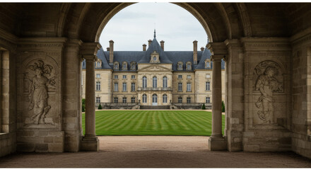 Obraz premium Majestic Chateau Stunning Architecture and Buildings Framed by Archway