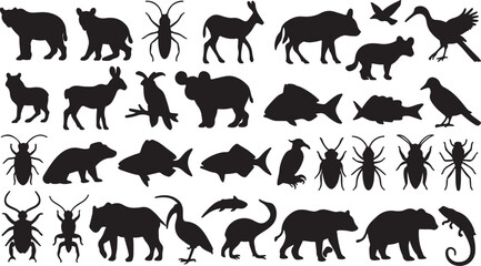 Naklejka premium Wild animal silhouettes vector collection: a set of black wildlife illustrations including elephant, lion, tiger, bear, wolf, deer, horse, dog, cat, cow, and goat icons
