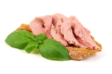 Liverwurst On Toast With Basil, isolated on white background