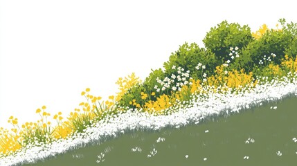 Cartoon illustration of hillscape covered in flowers and bushes, against a white backdrop