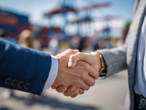 Wide shot of handshake between male and female executives at a logistics hub, distant cranes and shipping containers in sharp focus behind them