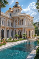 Fototapeta premium Opulent Estate: A lavish mansion featuring a turquoise pool, ornate gold details, and elaborate architectural design under a sunny sky.