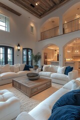 Airy living room with high ceilings, white sofas, and a rustic wooden coffee table, creating a comfortable and stylish space.