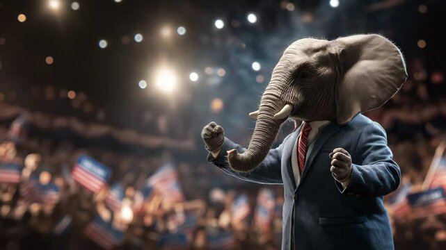 Elefant in Anzug spricht bei politischer Rede am Wahlpult. K&uuml;nstliche Intelligenz KI