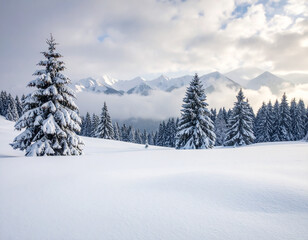 Snow-covered trees stand in a foggy mountain landscape. Heavy snowfall blankets the scenery creating a winter wonderland.