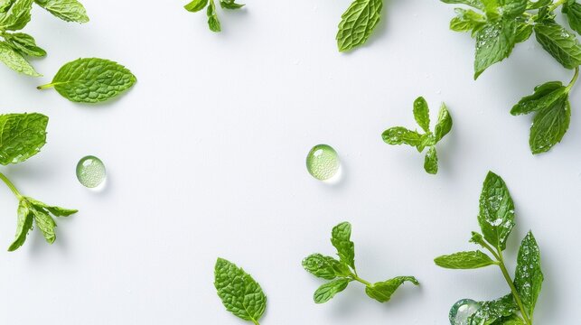Fresh mint leaves and water droplets arranged on a light background create a refreshing natural composition