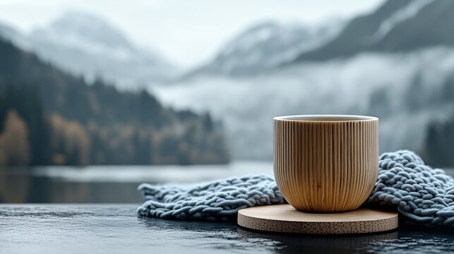 Cozy coffee break overlooking misty mountain landscape. Warm beverage on a wooden coaster with a soft blanket, serene setting.