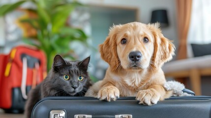 A playful and adorable golden retriever puppy sitting inside a small suitcase, looking up with a curious and mischievous expression, showcasing its soft, fluffy fur and captivating features.