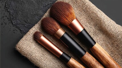 Elegant makeup brushes arranged on a textured burlap sack against a dark stone backdrop, showcasing natural beauty tools.