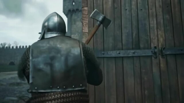 Medieval soldier wearing armor and helmet forcefully breaks down an old wooden castle gate using a double headed axe, showing strength and determination in a historical reenactment
