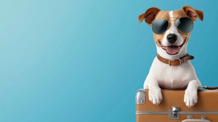 A cheerful, friendly pet dog wearing sunglasses sitting next to a vintage leather suitcase in a scenic outdoor setting, conveying a sense of summertime adventure and carefree travel.