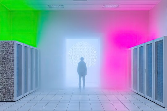 Silhouette of a Person in a Futuristic Data Center with Glowing Pink and Green Lights