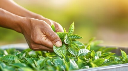 Hand harvesting fresh tea leaves in a lush green plantation during daylight