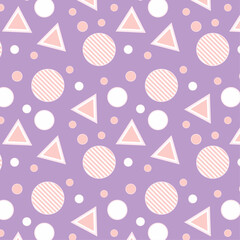 Seamless Geometric Pattern with Triangles, Circles, and Dots on Purple Background
