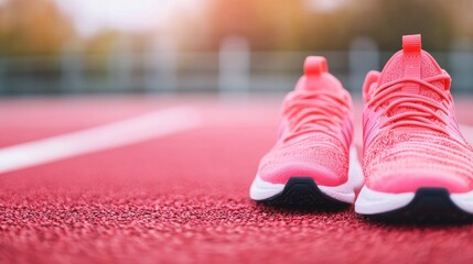 Stylish pink running shoes on a track ready for a workout at dawn