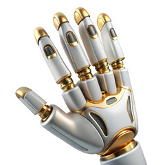 Robotic hand with gold accents isolated on transparent background