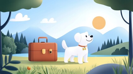 Adorable puppy eagerly waiting by a suitcase, excited for an upcoming vacation and new adventures ahead