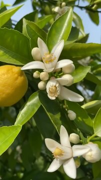 Lemon tree blossoms and fruits gently moving in the wind, close-up of white citrus flowers and ripe yellow lemons under natural sunlight, fresh botanical footage for perfume, skincare, and Mediterrane