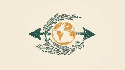 Earth surrounded by arrows and leaves symbolizing sustainability and global awareness in a simple design