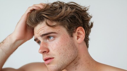 Obraz premium Close-up side view of an adult Caucasian person's head and shoulders, highlighting the visible presence of dandruff on their scalp and hair.