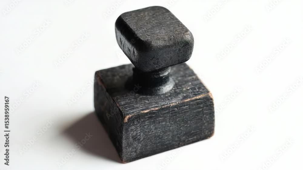 Poster A small wooden object sits on a clean white surface, ready for use or display