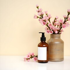 Amber Glass Pump Bottle with Flowers