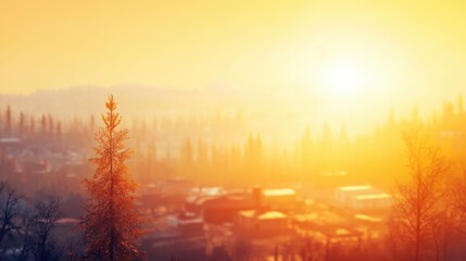 Obraz premium Sunset view of a quiet town surrounded by trees and mountains