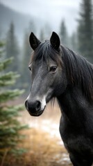 Black horse stands gracefully in a misty forest setting during early morning light