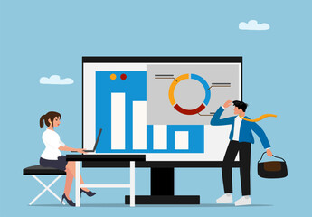 Flat Vector Illustration of Business People Discussing Data Analytics in Office Workspace with Chart Presentation on Large Monitor