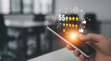 A hand holding a phone with glowing stars and like icons floating above the screen isolated on white background, tarensparent background, png, jpg,jpeg,  on transparent background