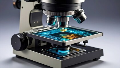 High Powered Microscope Examining a Microchip Circuit Board Detailed Close up