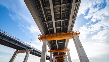 Obraz premium Underneath a Modern Highway Overpass Concrete Pillars and Steel Beams against a Blue Sky