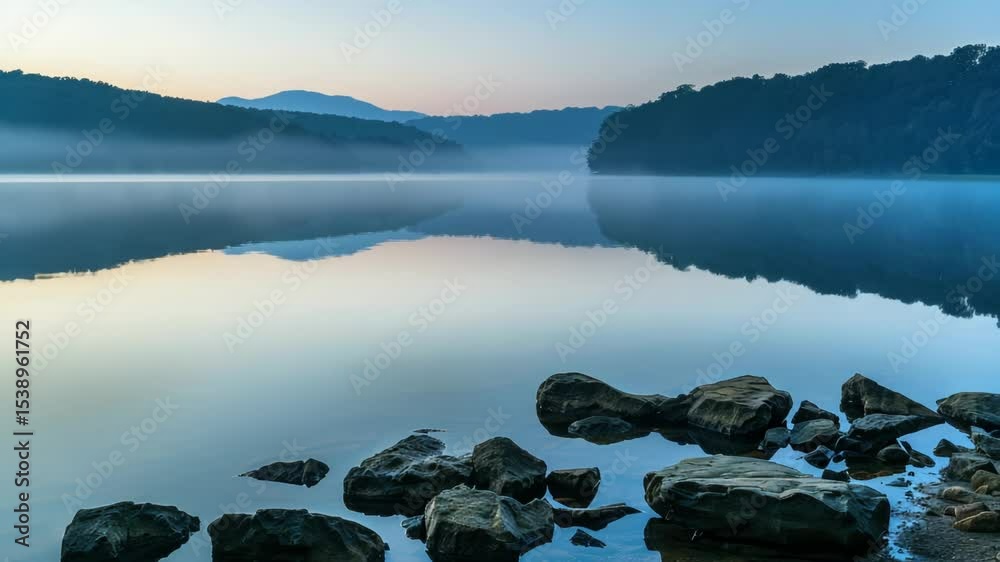 Poster a serene scene featuring a body of water with rocks jutting out from the surface, great for use in t
