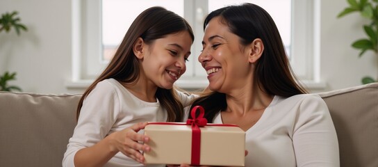Adorable Latin mother-daughter duo cuddling together at home with Mothers Day gift