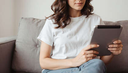 Woman sitting on sofa using tablet in casual home setting  