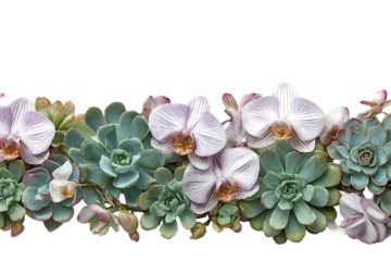 Floral arrangement of orchids and succulents.
