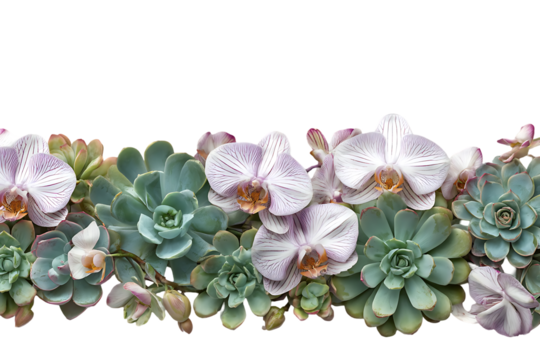 Floral arrangement of orchids and succulents.