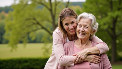 Fototapeta premium A heartwarming portrait of mother grandmother and daughter embracing outdoors during a joyful vacation radiating warmth and familial love