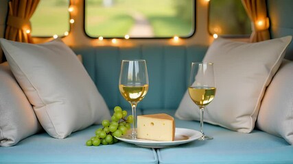 Cozy interior with cheese and wine in elegant camper van setting. Romantic glittering light garland decoration. 