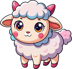 Cute cartoon lamb with big eyes and colorful wool in kawaii chibi art